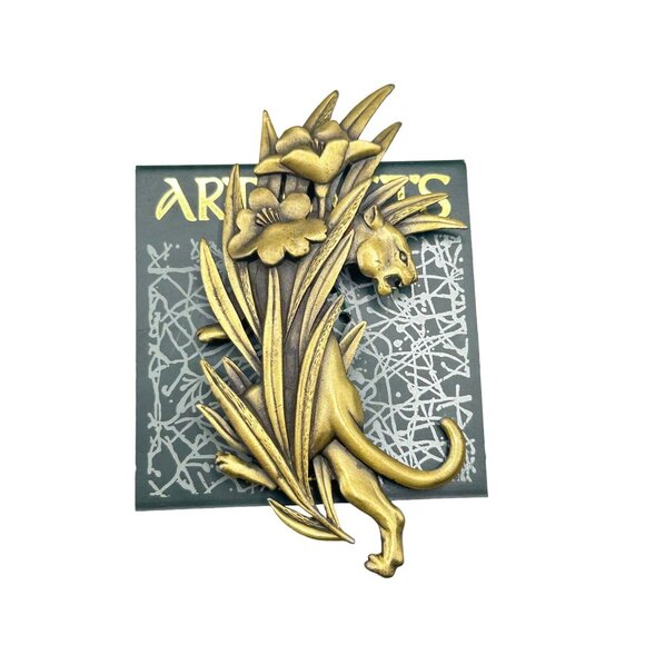 Vintage JJ Jonette Jewelry Brooch Big Cat in Flowers Pin Leopard Tiger Jaguar - Picture 1 of 6